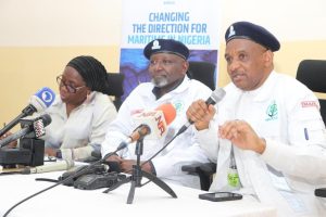 R-L: Director General, Nigerian Maritime Administration and Safety Agency (NIMASA), Dr Bashir Jamoh, OFR; Honorable Minister of Transportation, Engineer Muazu Jaji Sambo and Permanent Secretary, Federal Ministry of Transportation, Dr Magdalene Ajani during a press conference with media stakeholders in Lagos    