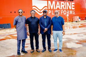 L-R: Baji Nyam , Chief Executive Officer Marine Platforms, Taofeek Adegbite; Director General/CEO, Nigerian Maritime Administration and Safety Agency (NIMASA, Dr Dayo Mobereola, Bíọdún Odunsi – Chief Operating Officer (COO), African Pioneer Lagos Vessel, during the NIMASA DG/CEO working visit to Marine Platforms.