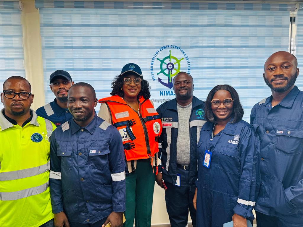 Director Cabotage Services, Nigerian Maritime Administration and Safety Agency, NIMASA, Rita Uruakpa (middle) with some operational staff during the commemoration of the 2023 World Safety Day at the NIMASA headquarters in Lagos