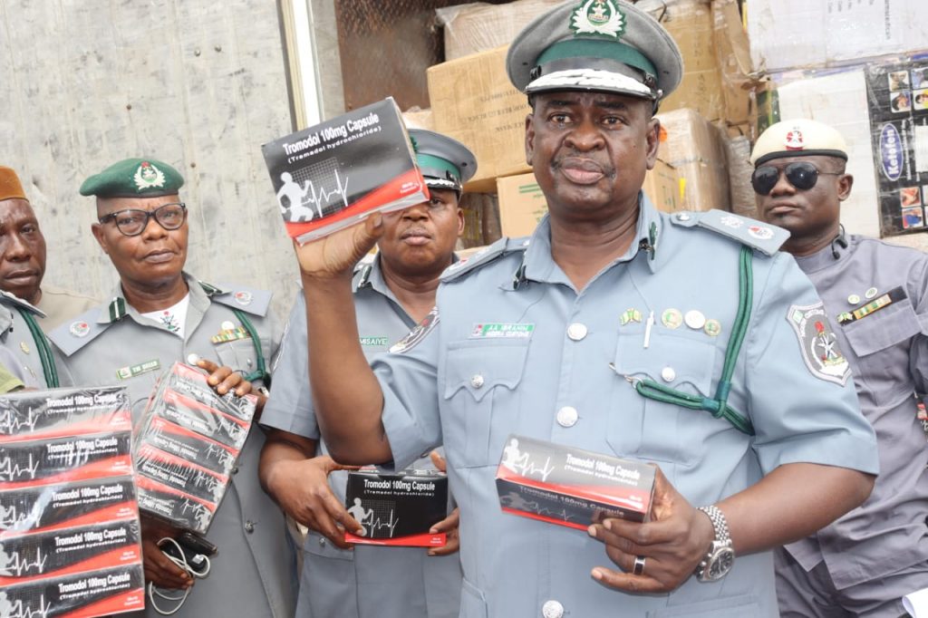 Customs Comptroller FOU zone C, Compt Ali Ibrahim displaying some of the seized pharmaceuticals on Thursday