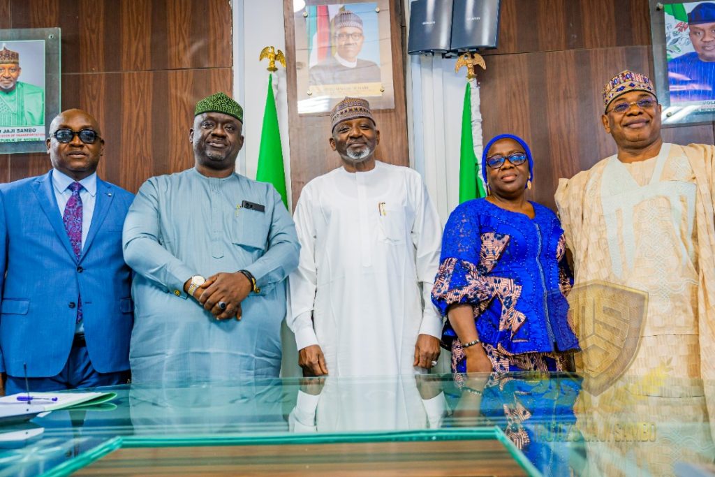 R-L: Secretary General of MOWCA, Dr Paul Adalikwu, Permanent Secretary of Ministry of Transportation, Dr Magdalene Ajani, Minister of Transportation, Eng Muazu Jaji Sambo, his Minister of State for Transportation, Mr Adegoroye, and another official during MOWCA's visit to the ministry in Abuja