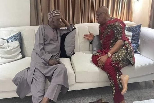 Asiwaju Bola Tinubu (left) while receiving Orji Uzor Kalu at his residence
