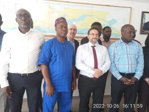 L-R Engr. Osa konyeha, Technical Adviser,Corporate Infrastructure and Planning, Lagos State Metropolitan Authority; Head of Infrastructure, International Economy Relations Department, Federal Ministry of Finance, Mr Ismail Lawal; the Project Team Leader, AFD, Mr David Margonsetisrn; and the General Manager, Lagos State Waterways Authority, Mr Oluwadamilola Emmanuel, when the French Development Agency (AFD) team visited the LASWA headquarters at Falomo.