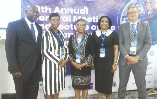 L-R The Principal Manager, Legal of NPA, Mr Leonard Onoja, who represented the Managing Director, Nigerian Ports Authority (NPA), Mr Muhammed Koko, Jean Chiazor Anishere, Principal Partner, Jean Chiazor Anishere (SAN), the President of the Nigerian Maritime Law Association, Mrs Funke Agbor, (SAN), the Moderator, Mrs Omolola Ikwuagwu, Partner, George Ikoli & Okagbue and the Managing Director, Mediterranean Shipping Company, (MSC) Mr Andrew Lynch during the 13th Annual General Meeting and Lecture of the Nigerian Maritime Law Association (NMLA)in Lagos during the weekend.