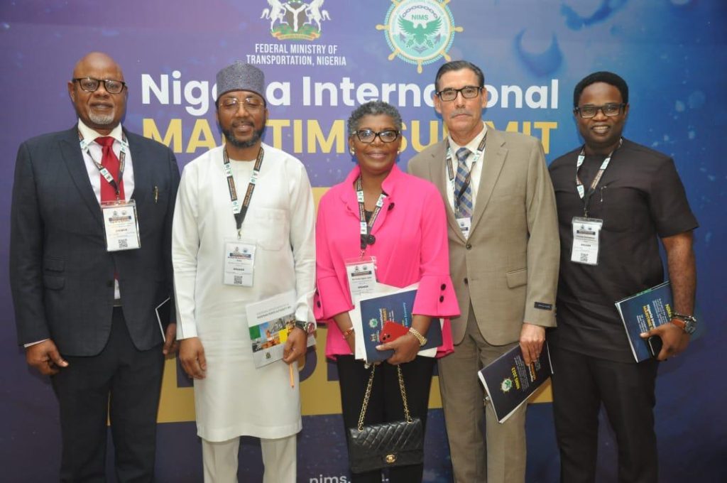 L-R: Former President, Shipowners Association of Nigeria, Greg Ogbeifun; Managing Director, Nigerian Ports Authority, Mohammed Bello-Koko; President Nigerian Maritime Law Association, Funke Agbor; Executive Director ENL Consortium, Mark Walsh and Chief Financial Officer of APM Terminals Apapa, Courage Obadagbonyi at the Nigeria International Maritime Summit (NIMS) 2022 in Lagos on Tuesday.