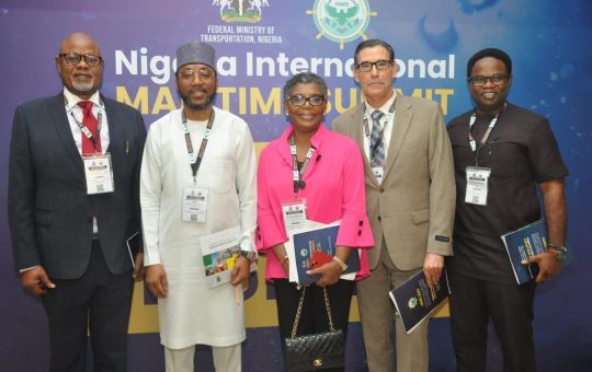 L-R: Former President, Shipowners Association of Nigeria, Greg Ogbeifun; Managing Director, Nigerian Ports Authority, Mohammed Bello-Koko; President Nigerian Maritime Law Association, Funke Agbor; Executive Director ENL Consortium, Mark Walsh and Chief Financial Officer of APM Terminals Apapa, Courage Obadagbonyi at the Nigeria International Maritime Summit (NIMS) 2022 in Lagos on Tuesday.