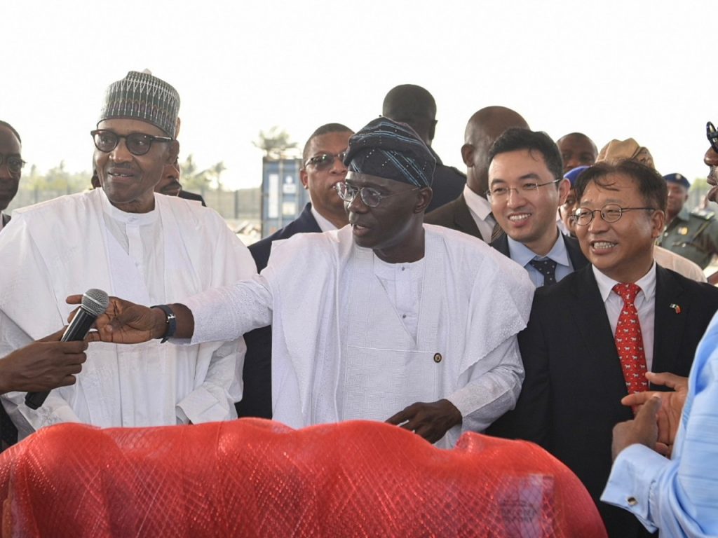 L-R President Muhammadu Buhari, Governor of Lagos State, Mr Babajide Sanwo-Olu, the Managing Director/CEO Lekki Port LFTZ Enterprise Limited, Du Ruogang and the Chinese Ambassador to Nigeria Cui Jianchun during the official Commissioning of the Lekki Deep Sea Port in Lagos on Monday