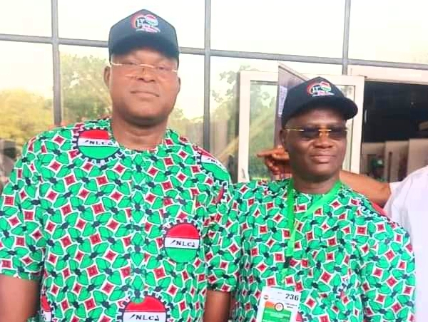 President of Dockworkers Branch of MWUN, Comrade Ibrahim Tajudeen Ohize (left) and President General of MWUN, Comrade Adewale Adeyanju at the 13th National Delegate Conference of Nigerian Labour Congress (NLC) in Abuja on Tuesday