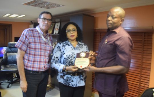 L-R: Managing Director, ENL Consortoum, Mr. Mark Walsh; Chairman, Seaport Terminal Operators Association of Nigeria (STOAN), Princess Vicky Haastrup and Commander, Apapa Special Area Command, National Drug Law Enforcement Agency (NDLEA), Udotong Noah when the NDLEA team visited Haastrup in Apapa, Lagos last weekend