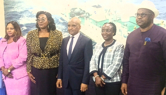 R-L: The Executive Director, Maritime Labour and Cabotage Services, NIMASA, Engr. Victor Ochei; the Director, Legal/ Board Secretary of Ghana Maritime Authority (GMA), Mrs. Patience Diaba; Director General, NIMASA, Dr. Bashir Jamoh OFR; Director, Cabotage Services, NIMASA, Mrs. Rita Uruakpa; and NIMASA’s Deputy Director, Finance, Dr. Odunayo Ani; after a session at the NIMASA headquarters today to welcome the Ghanaian delegation on a study tour.
