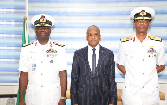 Director General, Nigerian Maritime Administration and Safety Agency (NIMASA) Dr. Bashir Jamoh, OFR flanked by the outgoing Co-Chair of the Gulf of Guinea Maritime Collaboration Forum Shared Awareness and De-Confliction (GoG-MCF SHADE) Rear Admiral KO Egbuchulam (right) and the new Co-Chair Rear Admiral PE Effah (left) during the handover ceremony at the headquarters of the Agency in Lagos.