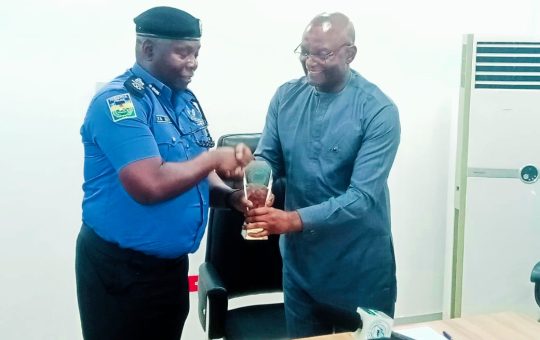 AIG Maritime, Yekini Adio Ayoku receiving a souvenir from the Executive Secretary of the Nigerian Shippers Council, Hon Emmanuel Jime when the police boss and his team visited the Shippers Council headquarters on familiarization visit on Thursday