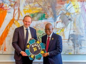 Nigeria’s Minister of Marine and Blue Economy, Dr. Adegboyega Oyetola (right) with Denmark’s Minister for Business and Competitiveness, Martin Lidegaard, during a bilateral meeting in Copenhagen, Denmark, on Monday.