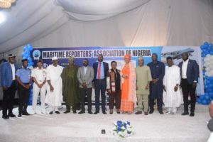 L-R, High Chief Tochukwu Ezisi NAGAFF President, Police, Representative of FOC Western, Navy Captain AI Ejeh, Dr Boboye Oyeyemi, president of the Chartered Institute of Logistics and Transport (CILT), Representative of Ondo State Governor. Engr. Olu Aladenusi, SSA Marine and Blue Economy , MARAN President Yinka Onigbinde, Captain Warredi Enisouh, Executive Director, Technical/Operations at Tantita Security Services Nigeria Limited (TSSN), Chief Chinwe Ezenwa, Ceo Le Look bags, Hajiya Hadiza Usman, Special Adviser to President Bola Ahmed Tinubu on Policy and Coordination, Representative of Minister of Marine and blue economy, Mr. Seyi Iyawe, Captain Ladi Olubowale President of African Shipowners Association (ASA), representative of IMION DG Commodore I.A Ahmed, and President of MASPAN, Mr Emmanuel Maiguwa at the MARAN Annual Lecture 2026 held in Lagos on Thursday.