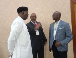 L-R: The Managing Director, National Inland Waterways Authority (NIWA), Dr. George Moghalu; a former Director General, Nigerian Maritime Administration and Safety Agency (NIMASA), Barr. Temisan Omatseye; and the Executive Secretary of Nigerian Shippers’ Council (NSC), Hon. Emmanuel Jime; at the ongoing Lagos International Maritime Week.