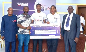 L-R: Registrar Charkins Maritime Academy, Dr. Nnamdi Amadi, Rumuadaolu Community Representative, Mr. Elvis Aguma, a prospective scholarship beneficiary, Managing Director/CEO of Starzs Investments Company Limited (SICL), Ms. Iroghama Ogbeifun and Co-ordinator Academic Affairs representing the Rector, Maritime Academy of Nigeria (MAN), Oron, Mr. Thlawur Dunya during the official announcement of the Maritime Education Scholarship Initiative for host communities at the Human Capital Development Program themed: 40 for 40 Initiatives as part of the Corporate Social Responsibility (CSR) to mark the company's 40th anniversary held in Port Harcourt, Rivers State on Monday July 6th, 2026. Photo: Starzs lnvestments Company Limited