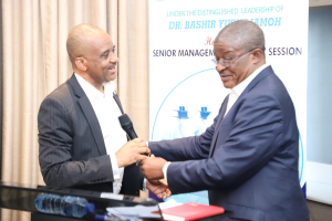 Director General of Nigerian Maritime Administration and Safety Agency (NIMASA), Dr. Bashir Jamoh OFR (left) and Lead Consultant, Kainos Edge Consulting, Dr. Joe Dada during the NIMASA 2030 Medium Term Strategic Plan (MTSP) session in Lagos.
