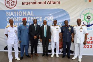 L-R: Rear Admiral A Ahmed; Rear Admiral OP Osijafor (Rtd.); Prof. Eghosa Osaghae; Dr. Bashir Jamoh OFR; Rear Admiral HUF Koaje; Air Vice Marshal AO Adole and Rear Admiral MG Oamen during the National Conference on Maritime Security organised by the Nigerian Institute of International Affairs (NIIA) in Lagos.