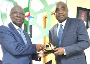 Director General, Nigerian Maritime Administration and Safety Agency, NIMASA, Dr. Dayo Mobereola (left), with the Director General, Infrastructure Concession Regulatory Concession, ICRC, Dr. Jobson Oseodion Ewalefoh during a courtesy visit by the ICRC management to the NIMASA headquarters in Lagos.