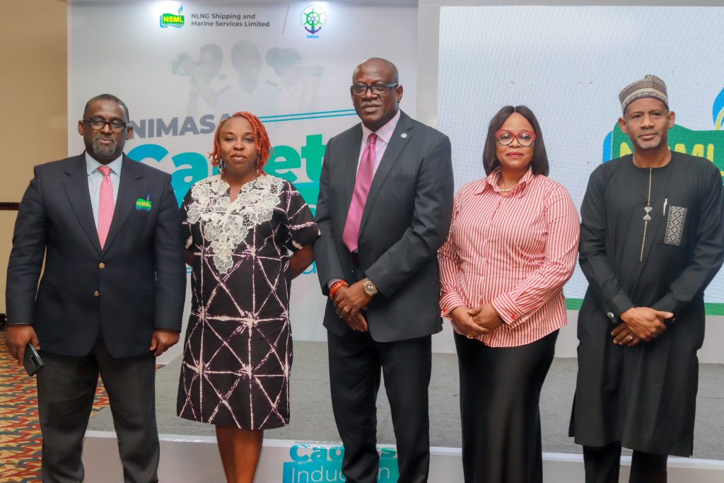 R-L: Deputy Director, Maritime Labour Services, Nigerian Maritime Administration and Safety Agency, NIMASA, Aliyu Lawan; Ag. Head Maritime Labour Services, NIMASA, Yetunde Collins; Director, Special Duties,NIMASA, Isichei Osamgbi; Deputy Director Cabotage & Shipping Development, Federal Ministry of Marine & Blue Economy, Mrs Ekanem Selia, and Managing Director/CEO NLNG Ship Management Limited, NSML, Abdulkadir Ahmed during the Induction Ceremony by NSML for 50 of NIMASA's Romanian trained NSDP beneficiaries in Lagos.