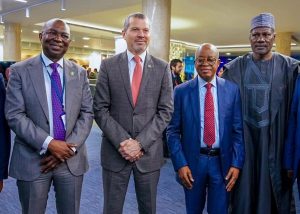 L-R: Director General, Nigerian Maritime Administration and Safety Agency (NIMASA), Dr Dayo Mobereola; Secretary-General of the International Maritime Organization (IMO), Mr Arsenio Dominguez; Nigeria’s Minister of Marine and Blue Economy, Dr Adegboyega Oyetola and Charge d’Affairs, High Commission of Nigeria, London, Ambassador Mohammed Maidugu, at a lunch reception organised by Nigeria at the International Maritime Organization (IMO) headquarters in London on Thursday.