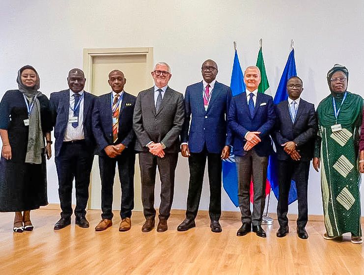 L-R: Special Assistant to Executive Director Maritime Labour and Cabotage Services, NIMASA, Dr. Zainab Kyari; Regional Advisor/Technical Expert on Maritime Labour Conventions, Dr Amos Hosea Kuje; Director, Legal Services NIMASA, Mr. Heaky Dimowo; Head of Training, ITCILO Giuseppe Zefola, Executive Director Finance and Administration, NIMASA, Mr Chudi Offodile; Director, and Head of ITCILO Christopher Perrin; Executive Director, Maritime Labour and Cabotage Services Jibril Abba; Director of Administration and Human Resource, NIMASA; Mrs. Moji A. Jimoh; during the signing of a Memorandum of Understanding (MoU) with the International Training Centre of the International Labour Organization (ITCILO), Turin, Italy on capacity development and Maritime Labour Curriculum development.