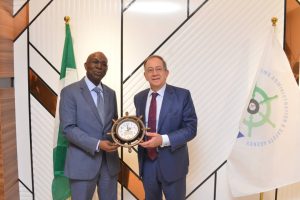 Director General, Nigerian Maritime Administration and Safety Agency, NIMASA, Dr. Dayo Mobereola (right) presenting a souvenir to the Spanish Ambassador to Nigeria; His Excellency, Ambassador Juan Ignacio Sell during a visit by the Ambassador to NIMASA headquarters in Lagos.