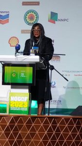 Director, Cabotage Services, Nigerian Maritime Administration and Safety Agency NIMASA, Mrs. Rita Uruakpa delivering the goodwill message at the Nigerian Oil and Gas Opportunity Fair (NOGOF) 2023 held in Yenagoa, Bayelsa State recently.