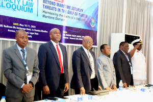 L-R: Hon Justice Mohammed Lawan Shuaibu JCA, Executive Director, Finance and Administration (NIMASA). Hon. Chudi Offodille Representing the Director General of Nigeria Maritime Administration and Safety Agency. Hon Justice Musa Datti Muhammad CFR, JSC, Prof. DG Nigerian Institute of Advanced Legal Studies (NIALS)Prof. Muhammed Tawfiq Lawan. Administrator of National Judicial Institution (NJI) Hon. Justice Salisu Garba and Rear Admiral Barabutemegha Jason Gbassa at the Nigerian Admiralty Law Colloquium in Lagos.