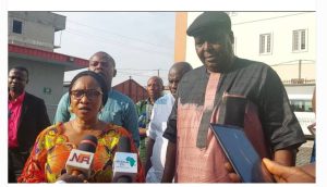 Lagos State Commissioner for Tourism,  Arts and Culture, Mrs Uzmat Akinbile Yusuf (left) and the Director General of NCAC, Otunba Olusegun Runsewe briefing journalists at the end of facility tour in Lagos on Friday