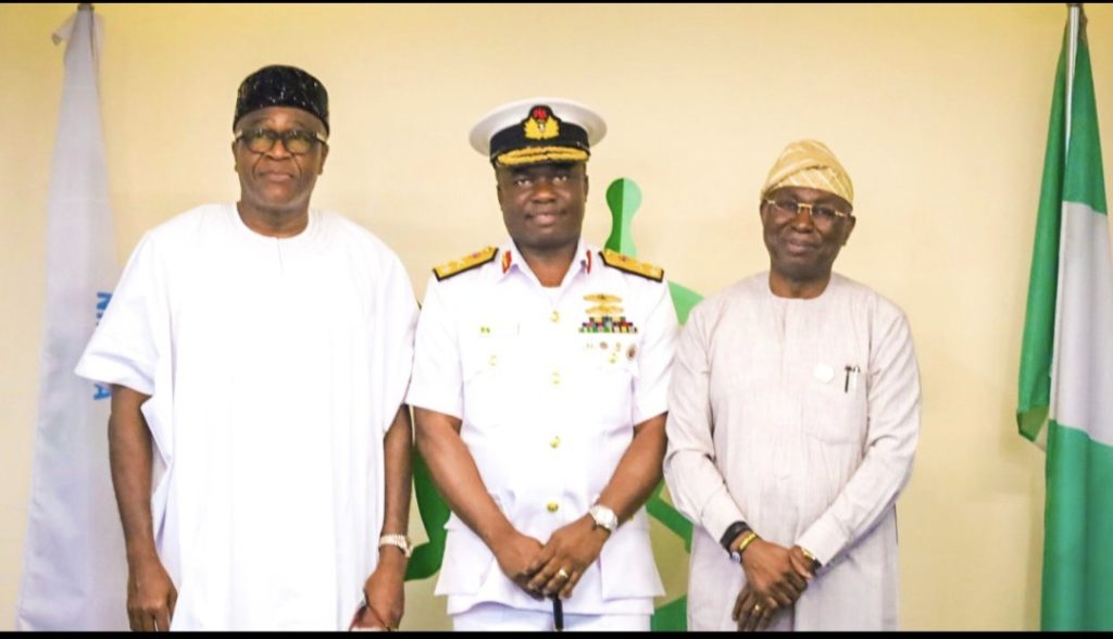 R-L: The Director General and Chief Executive Officer Of The Nigerian Maritime Administration And Safety Agency, NIMASA, Dr Dayo Mobereola; Hydrographer of the Federation; Rear Admiral Olumide Fadahunsi, Executive Director, Finance and Administration NIMASA, Mr. Chudi Offodile, during a meeting at the NIMASA Headquarters, Lagos