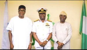 R-L: The Director General and Chief Executive Officer Of The Nigerian Maritime Administration And Safety Agency, NIMASA, Dr Dayo Mobereola; Hydrographer of the Federation; Rear Admiral Olumide Fadahunsi, Executive Director, Finance and Administration NIMASA, Mr. Chudi Offodile, during a meeting at the NIMASA Headquarters, Lagos