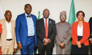 L-R: Head, Media Department at the Liberian Consulate in Lagos, Mr. Kehinde Ogundimu; Honorary Consul of the Republic of Liberia in Lagos, Mr. Dapo Akinosun, SAN; Director General, Nigerian Maritime Administration and Safety Agency, NIMASA; Dr. Dayo Mobereola; Executive Director, Maritime Labour & Cabotage Service, NIMASA; Mr. Jibril Abba; and Director Reforms Coordination & Strategic Management/Blue Economy Unit of NIMASA; Mrs. Nneka Obianyor when the Honorary Consul paid a visit to the NIMASA headquarters in Lagos.