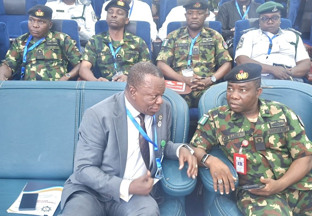Commandant of the Nigerian Navy Ship (NNS) Quorra Commodore MR Hassan (right) and the Director General of IMION, Rear Admiral Thaddeus Christopher Udofia (rtd) at the opening ceremony of the course in Apapa on Monday.