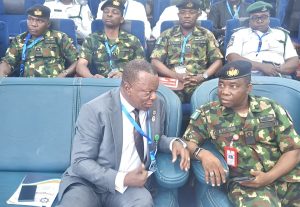 Commandant of the Nigerian Navy Ship (NNS) Quorra Commodore MR Hassan (right) and the Director General of IMION, Rear Admiral Thaddeus Christopher Udofia (rtd) at the opening ceremony of the course in Apapa on Monday.