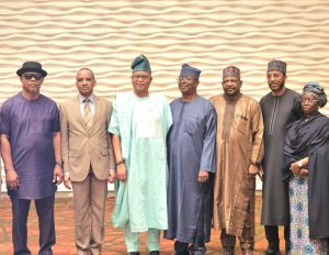 L-R: Member of the Senate Committee on Marine Transport, Senator Barry Mpigi; Director General Nigerian Maritime Administration and Safety Agency, (NIMASA) Dr. Bashir Jamoh OFR; Chairman Senate Committee on Maritime Transport, Senator Wasiu Sanni Eshinlokun; Member of the Committee, Senator Ashiru Oyelola Yisa; Member of the Committee, Senate Abdul Ahmed Ningi; Managing Director of Nigerian Ports Authority (NPA) Mohammed Bello Koko, and Senator Oluranti Adebule. During the interactive session and oversight visit to Agencies under the purview of the Committee, in Lagos.
