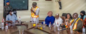 Capt. Ibraheem Olugbade, Executive Director, SIFAX Off Dock Nigeria Limited addressing the Honourable Minister of Transportation, Alhaji Muazu Sambo while John Jenkins, Managing Director, Ports & Cargo Handling Services Limited, a subsidiary of SIFAX Group; a guest; Mrs. Wunmi Eniola-Jegede, Executive Director, Business Development and Strategic Planning and Bode Ojeniyi, Group Executive Director, SIFAX Group looks on during the inspection tour of the Transportation Minister to SIFAX Group Terminals at Tin Can Island and Ijora Causeway