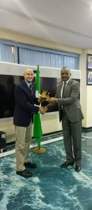 Director General, Nigerian Maritime Administration and Safety Agency (NIMASA), Dr. Bashir Jamoh OFR (right) presenting a souvenir to the the Head of Delegation of the Joint United States Coast Guard/Department of State Team, Capt. Brian Lisko (USCG, Rtd) during a visit by the USCG and US Department of State to the NIMASA headquarters in Lagos