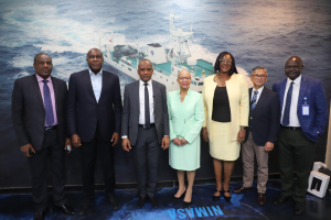 Director General, Nigerian Maritime Administration and Safety Agency (NIMASA), Dr. Bashir Jamoh (3rd left); President, World Maritime University (WMU), Dr. Cleopatra Doumbia-Henry (middle); Executive Director, Finance and Administration NIMASA, Mr Chudi Offodile (2nd left); Director, Cabotage Services NIMASA, Mrs Rita Uruakpa (3rd right); Director, Western Zonal Office, NIMASA, Mr Kabiru Murnai (left); Head, Maritime Law and Policy WMU, Professor Max Mejia and Head, Shipping Development NIMASA, Mr Inuwa Kurahson during a working visit by officials of WMU to the NIMASA headquarters in Lagos. 