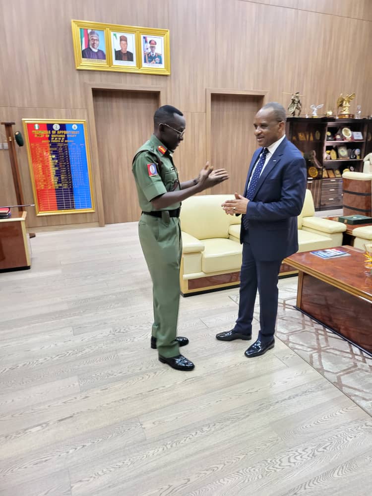 The Director General, Nigerian Maritime Administration and Safety Agency (NIMASA), Dr. Bashir Jamoh (right) discussing issues of national security with the Chief of Defense Staff, General Lucky Irabor at the Defence Headquarters in Abuja.