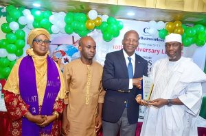 L-R: Mrs. Fatima Jatto, Representative of Pharm. Hajia Khadijat Sheidu-Shabi, Chairperson Women in Logistics and Transport; Mr Moses Ebosele, Publisher, City Business News online; Mr Frank Nneji, Founder, ABC Transport and Chairman of the Occasion; Dr Boboye Oyeyemi, former Corp Marshall of FRSC, President, Chartered Institute of Logistics & Transport (CILT) and Keynote Speaker, during the 10th Anniversary Lecture and held in Lagos on Thursday