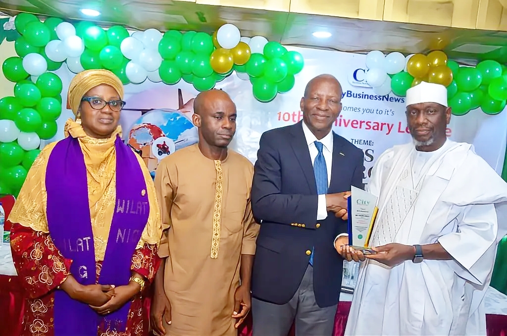 L-R: Mrs. Fatima Jatto, Representative of Pharm. Hajia Khadijat Sheidu-Shabi, Chairperson Women in Logistics and Transport; Mr Moses Ebosele, Publisher, City Business News online; Mr Frank Nneji, Founder, ABC Transport and Chairman of the Occasion; Dr Boboye Oyeyemi, former Corp Marshall of FRSC, President, Chartered Institute of Logistics & Transport (CILT) and Keynote Speaker, during the 10th Anniversary Lecture and held in Lagos on Thursday