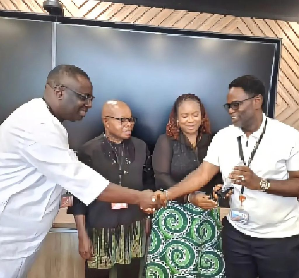 Managing Director of WACT Terminal, Mr Courage Obadagbonyi in a handshake with President, Shipping Branch of MWUN, Comrade Olufemi Oluyinka Abass, while Comrade Funmi Fasan and Comrade Boniface Udoh watches